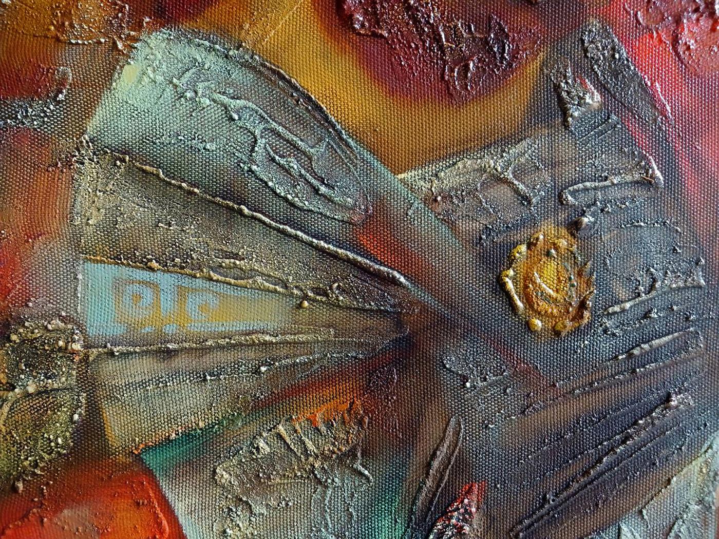 Abstract oil painting Scythian legend by Anatoly Tarabanov, textured gray with gold accents
