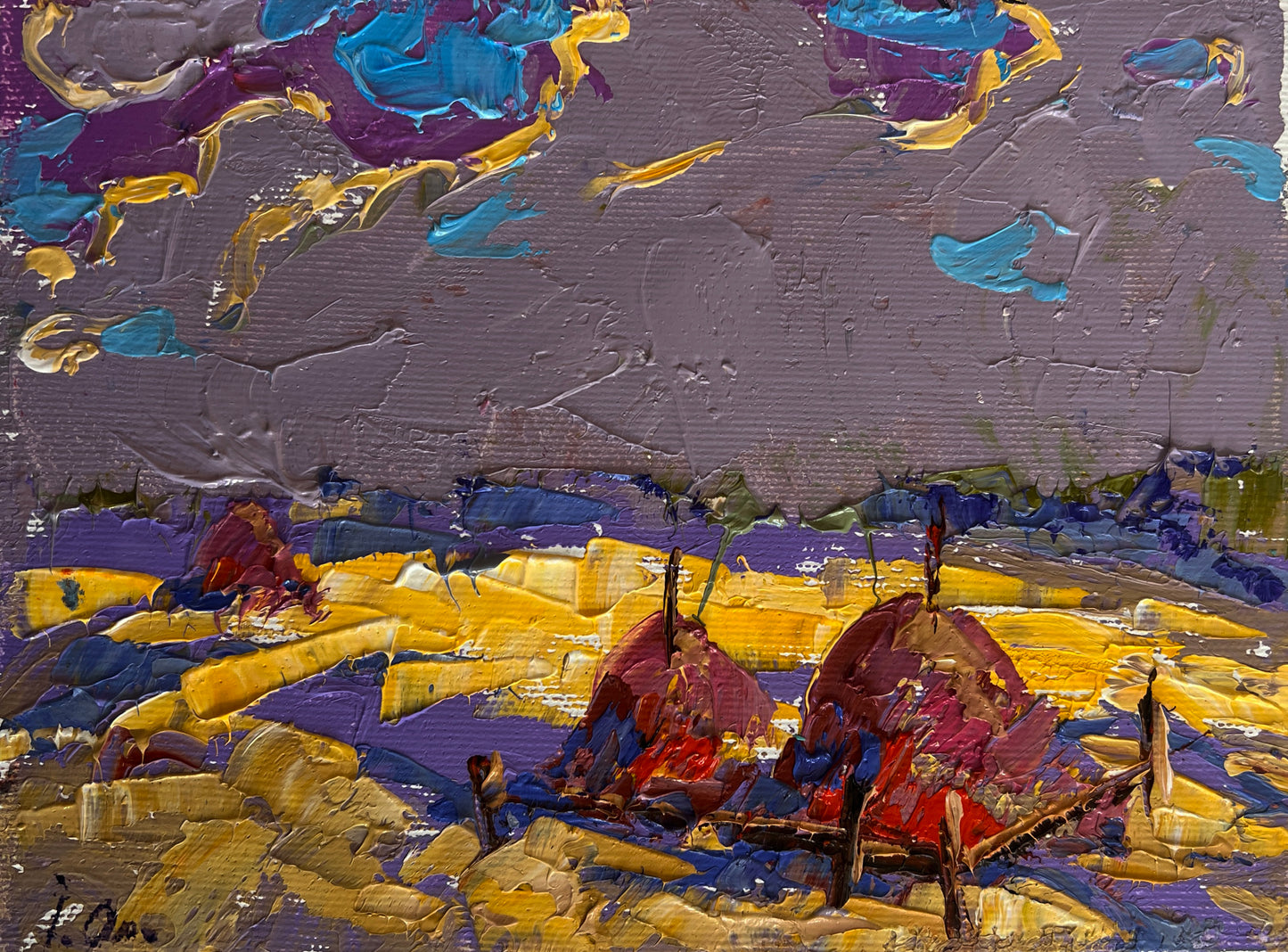 Vibrant impressionist painting of red purple boats on yellow field by Oleksiy & Oksana Ivaniuk