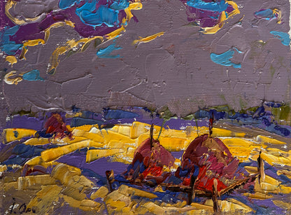 Vibrant impressionist painting of red purple boats on yellow field by Oleksiy & Oksana Ivaniuk
