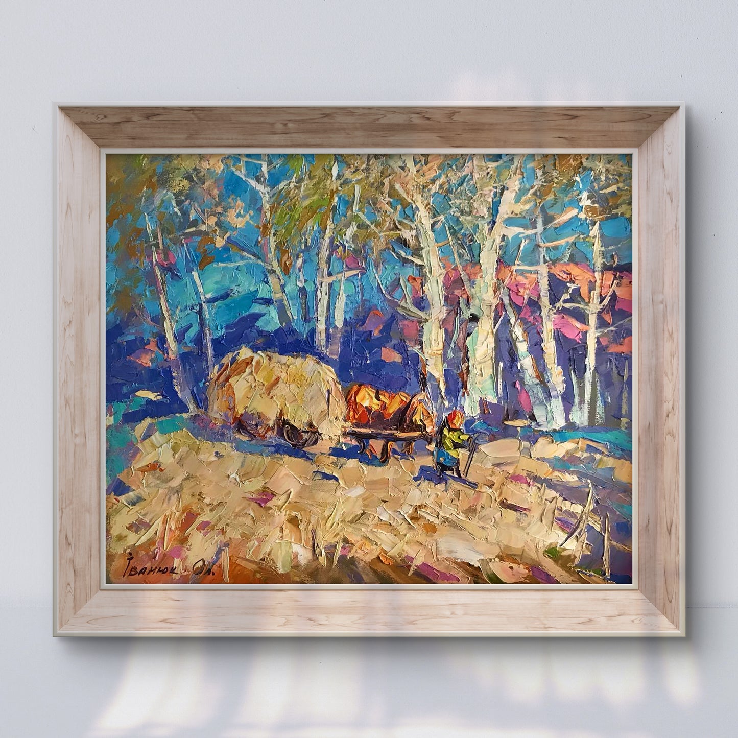 Vibrant impressionist oil painting by Alex Ivanyuk of birch forest in wood frame