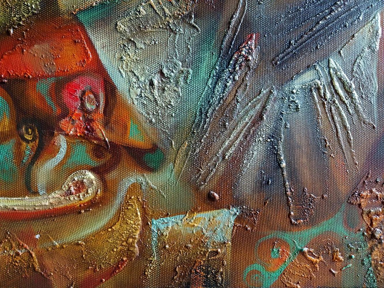 Abstract oil painting Scythian legend by Anatoly Tarabanov with orange teal silver strokes