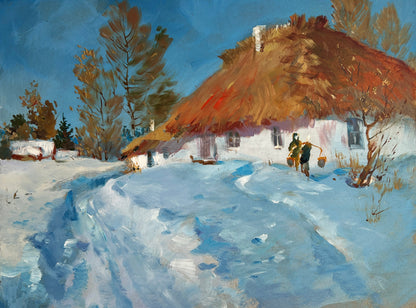 Rustic white thatched cottage in snowy landscape by Yuriy Suprunchuk fine art