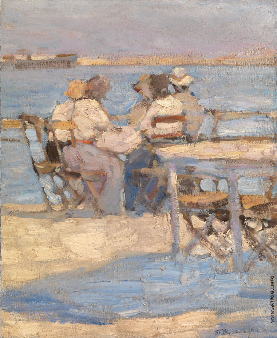 Authentic Tyt Dvornikov impressionist landscape painting of people at outdoor table by water