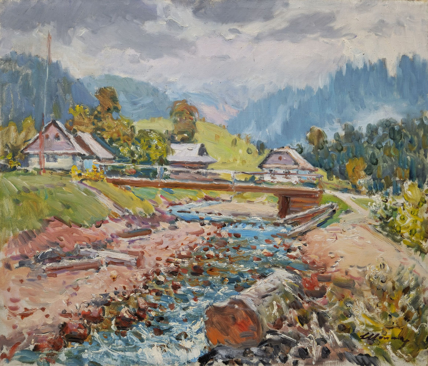 Vibrant impressionistic painting by Stepan Sholtes of rustic village scene