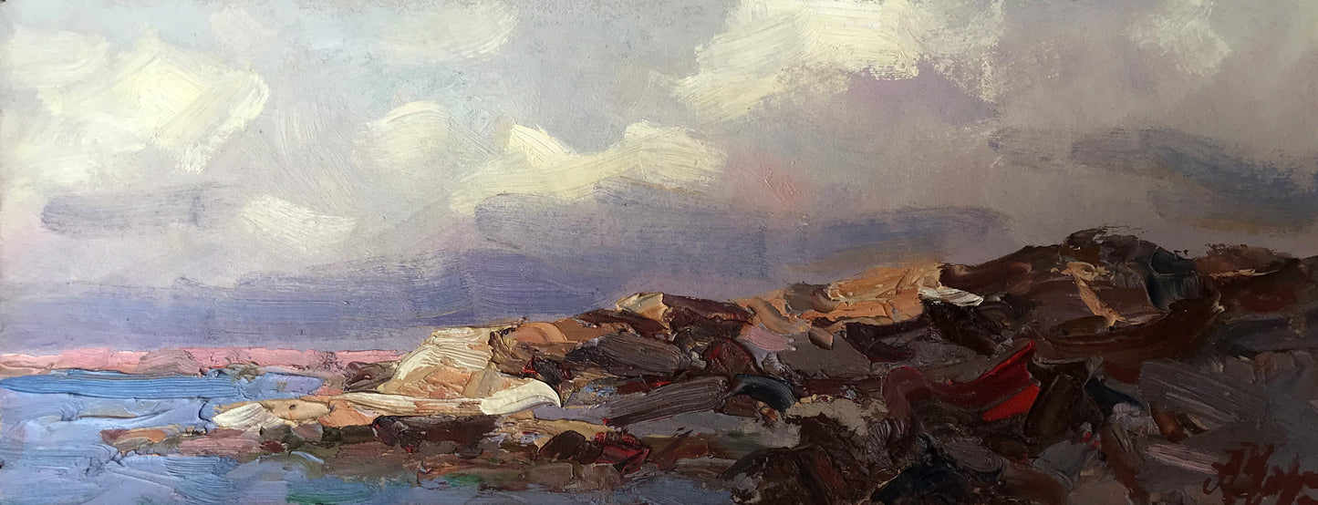 Textured impressionistic painting of rocky shoreline by Alexander Cherednichenko