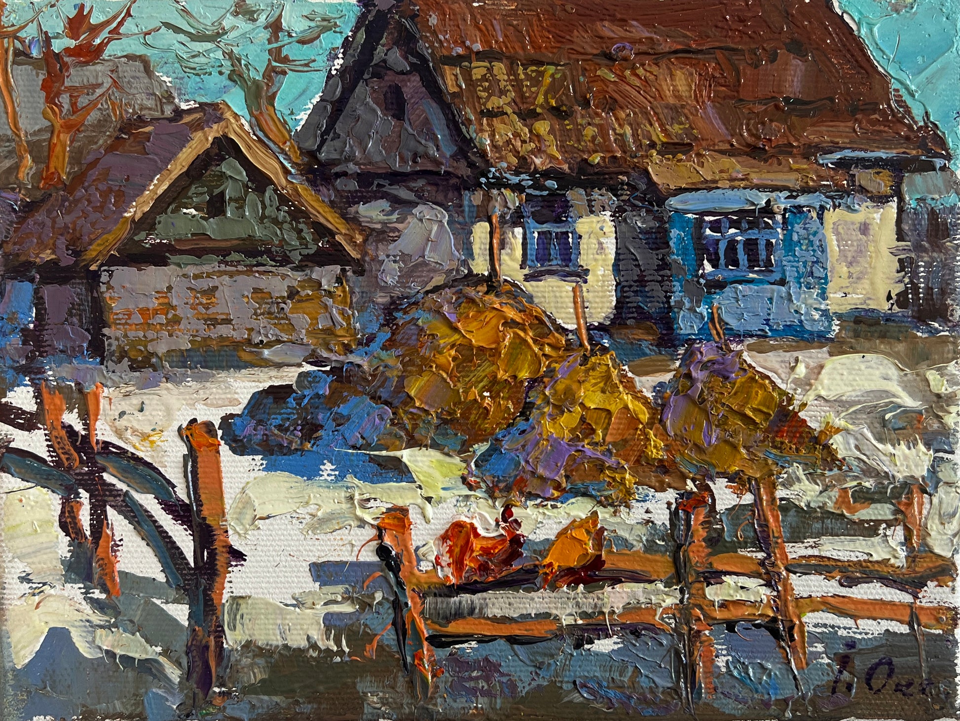 Rustic wooden fence with orange posts on snowy ground by Oleksiy & Oksana Ivaniuk