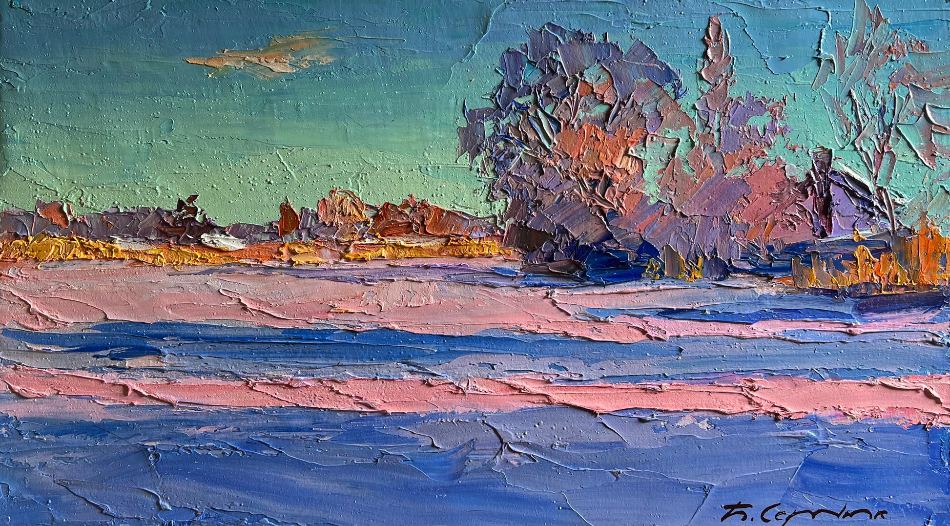 Boris Serdyuk impressionistic landscape painting, teal sky, purple trees, $95 wholesale originals