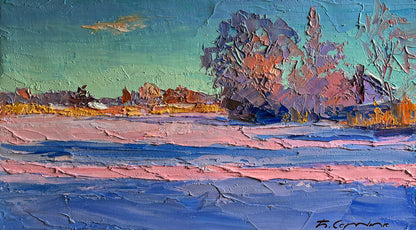 Boris Serdyuk impressionistic landscape painting, teal sky, purple trees, $95 wholesale originals