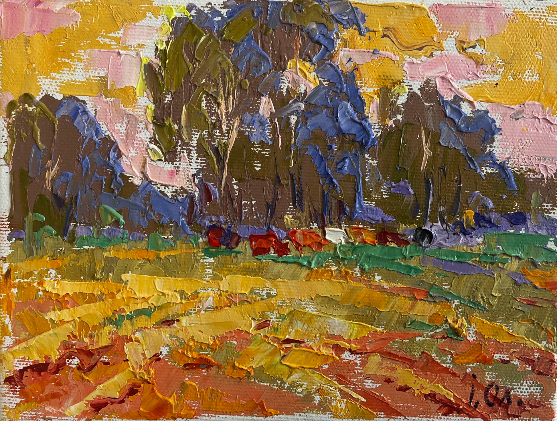 Vibrant Ivaniuk impressionist landscape in yellows, blues - $95 wholesale original