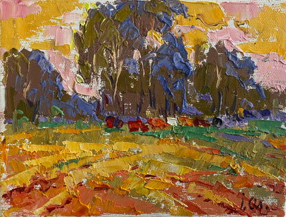 Vibrant Ivaniuk impressionist landscape in yellows, blues - $95 wholesale original