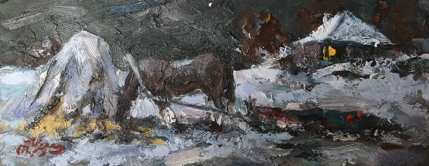 Textured oil painting of dark brown horse in snowy mountains by Alexander Cherednichenko