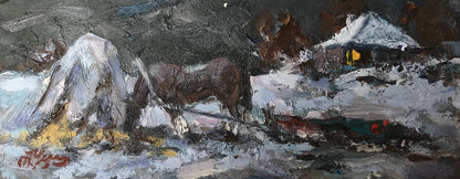 Textured oil painting of dark brown horse in snowy mountains by Alexander Cherednichenko