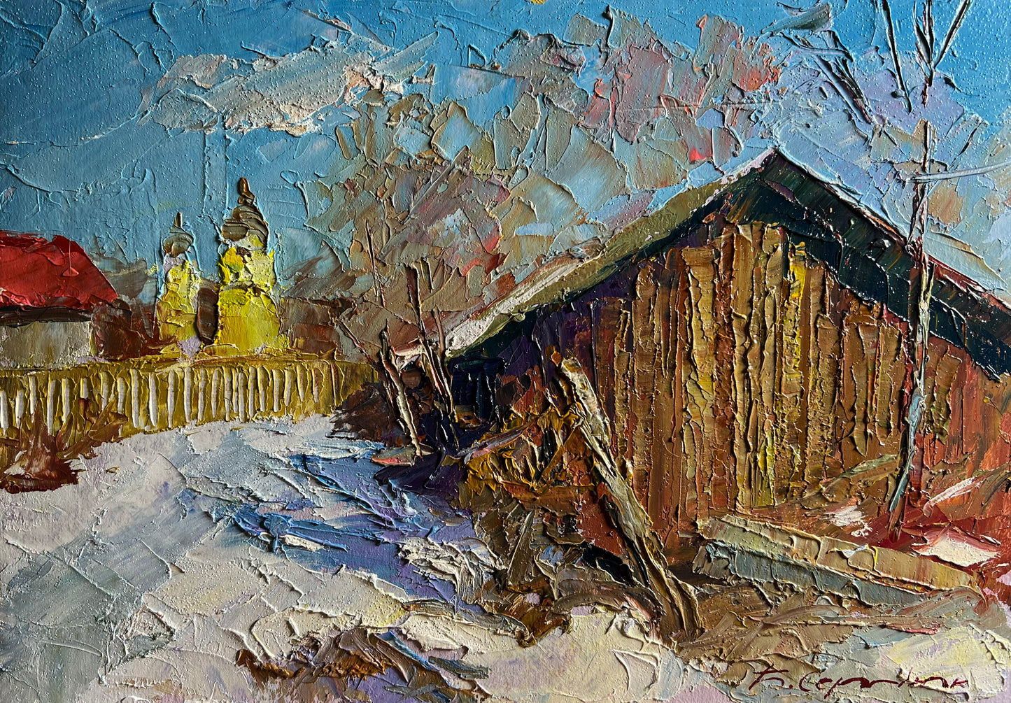 Boris Serdyuk impressionistic snowy barn painting, wholesale art