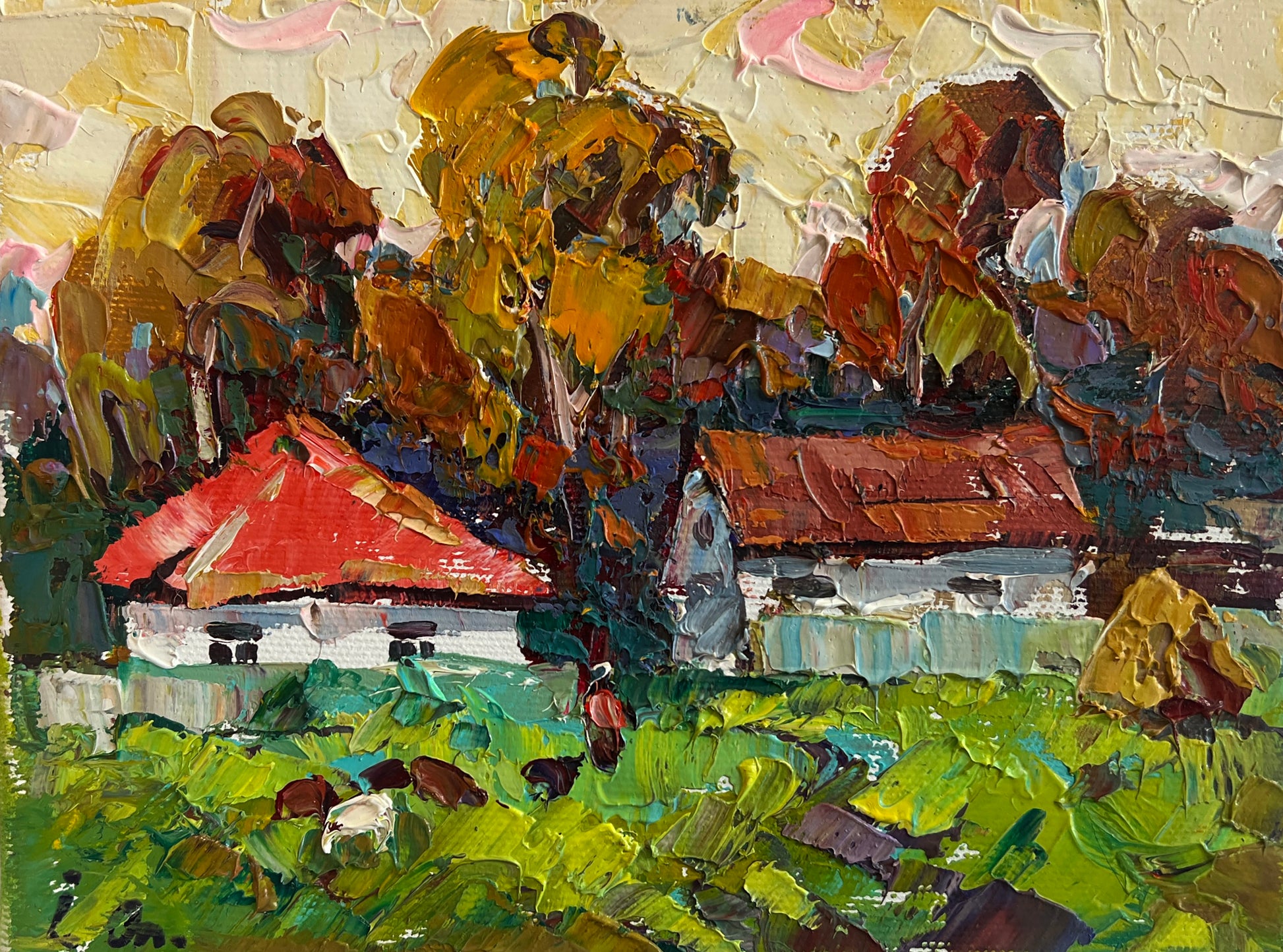 Vibrant impressionist painting of rustic red-roof houses in autumn fields by Oleksiy & Oksana Ivaniuk