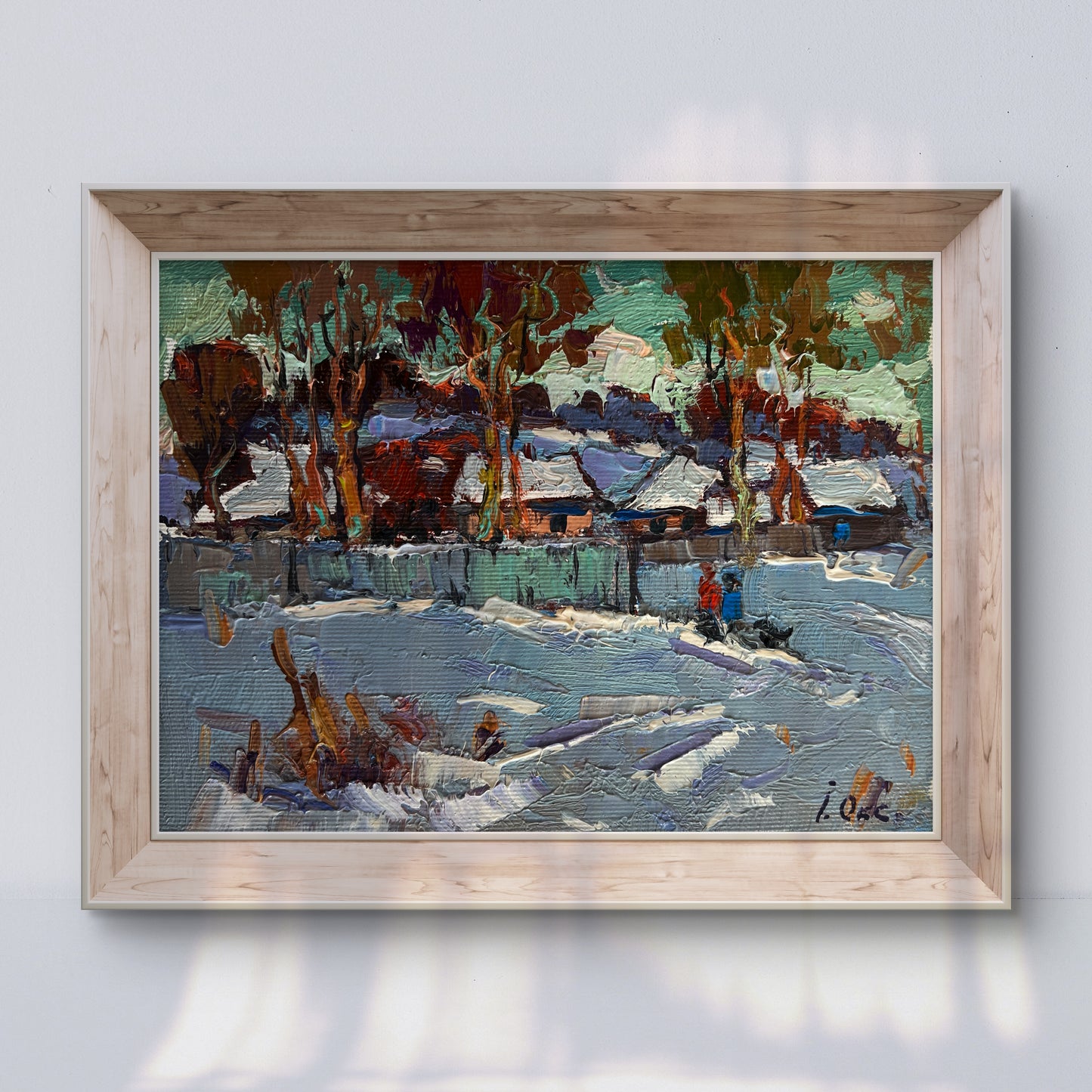 Framed oil painting The village was covered in snow by Oksana Ivanyuk