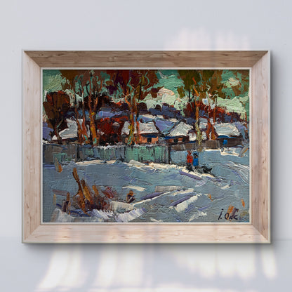 Framed oil painting The village was covered in snow by Oksana Ivanyuk