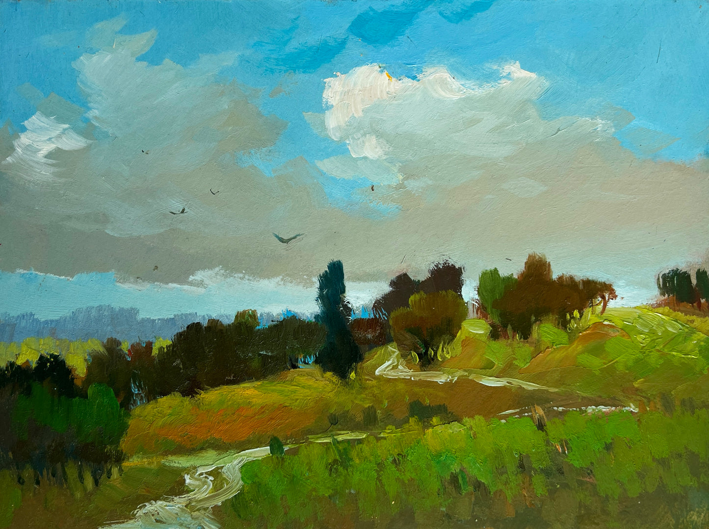 Vibrant impressionist landscape by Yuriy Suprunchuk - hills, stream, trees
