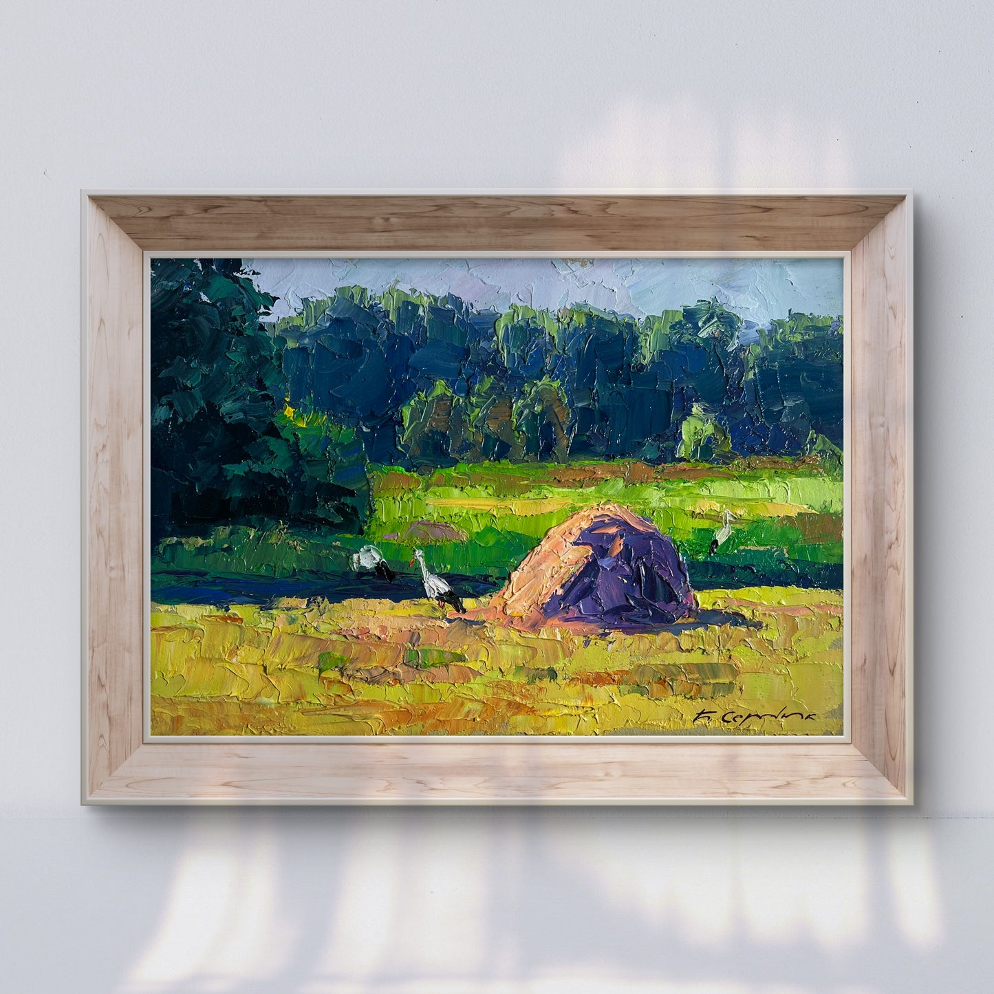 Oil painting The storks have arrived by Boris Serdyuk, vibrant countryside scene