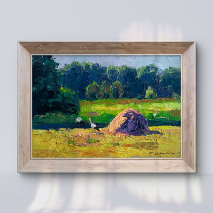 Oil painting The storks have arrived by Boris Serdyuk, vibrant countryside scene