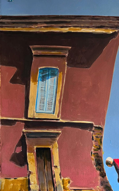 Vibrant red building with blue shuttered window in Juan Angel Gonzalez de la Calle acrylic painting