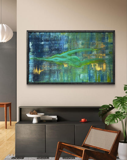 Acrylic painting Summer dream by Olga Melezhik, glowing green figure in black frame