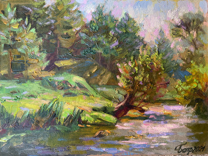 Vibrant impressionistic sunlit forest stream painting by Vladimir Batrakov