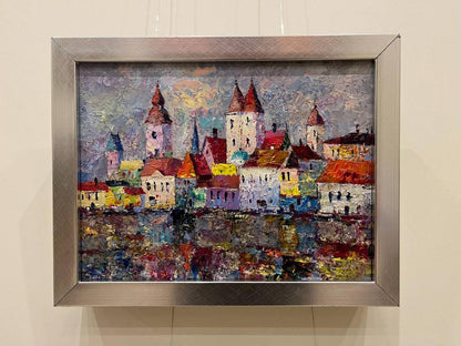 Vibrant impressionist oil painting Reflection of the city’s dynamics by Serhiy Rybak in silver frame