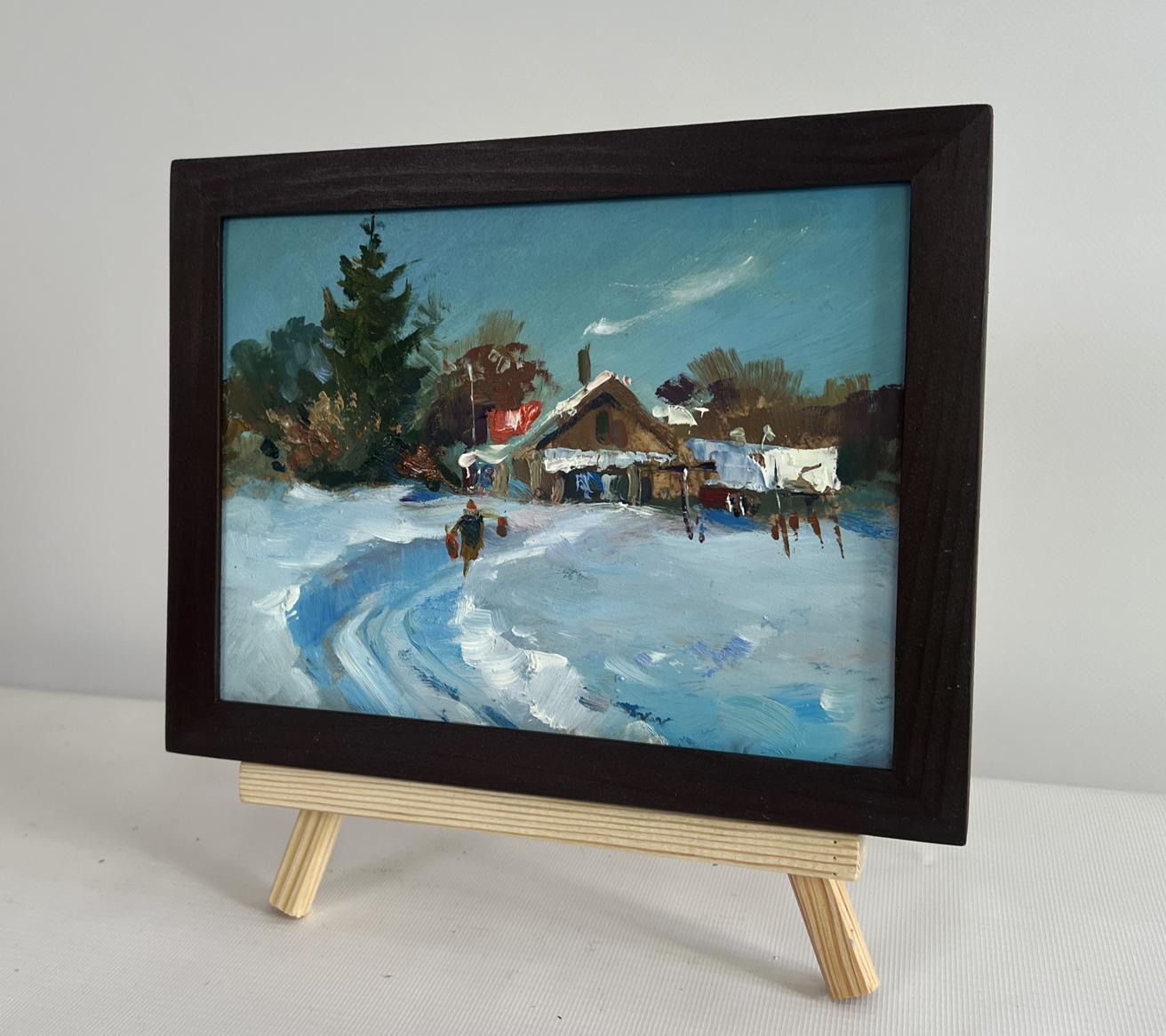 Oil painting Winter path leading home by Yuriy Suprunchuk in dark wood frame