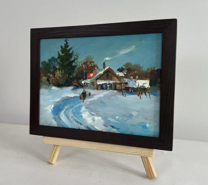 Oil painting Winter path leading home by Yuriy Suprunchuk in dark wood frame
