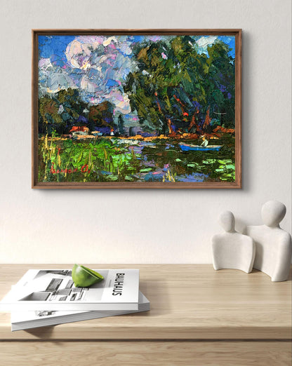 Framed impressionist Oil painting Boating holidays by Ivanyuk Oleksiy, serene lake scene