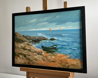 Framed oil painting of sailboats on sea horizon by Yuriy Suprunchuk