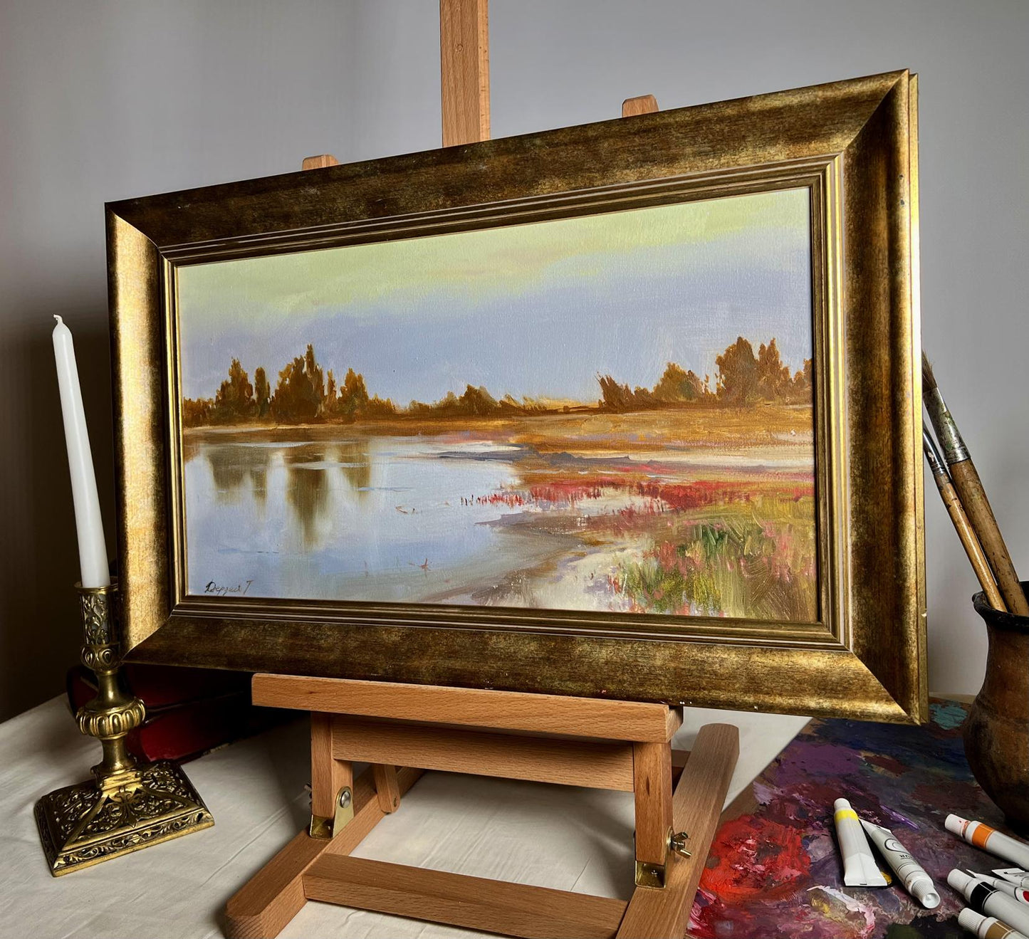 Oil painting Evening by the River by Tatyana Derdey in ornate gold frame