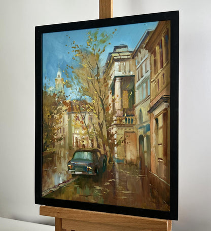 Oil painting Autumn in the Old Quarter by Yuriy Suprunchuk rainy street scene