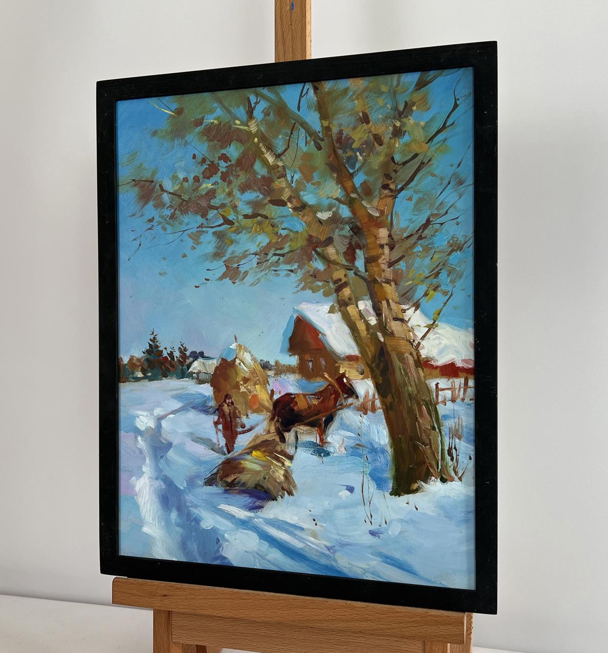 Framed oil painting Loading hay in winter by Yuriy Suprunchuk, snowy landscape