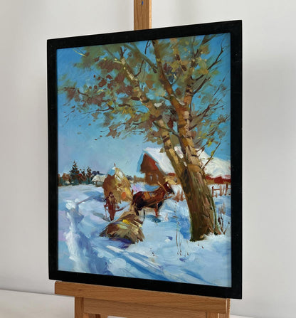 Framed oil painting Loading hay in winter by Yuriy Suprunchuk, snowy landscape
