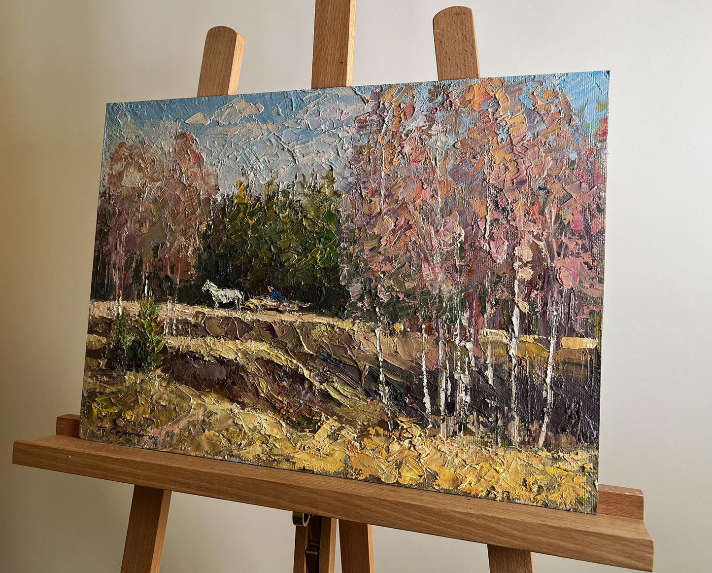 Oil painting Along the forest road by Boris Serdyuk autumn landscape