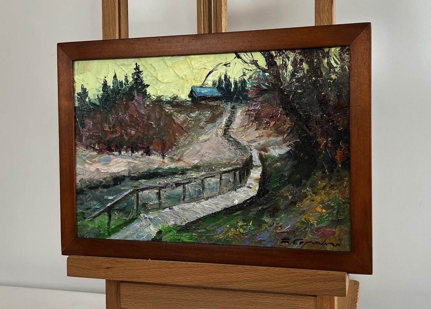 Oil painting Village Bridge by Boris Serdyuk: autumn path to blue-roofed cabin