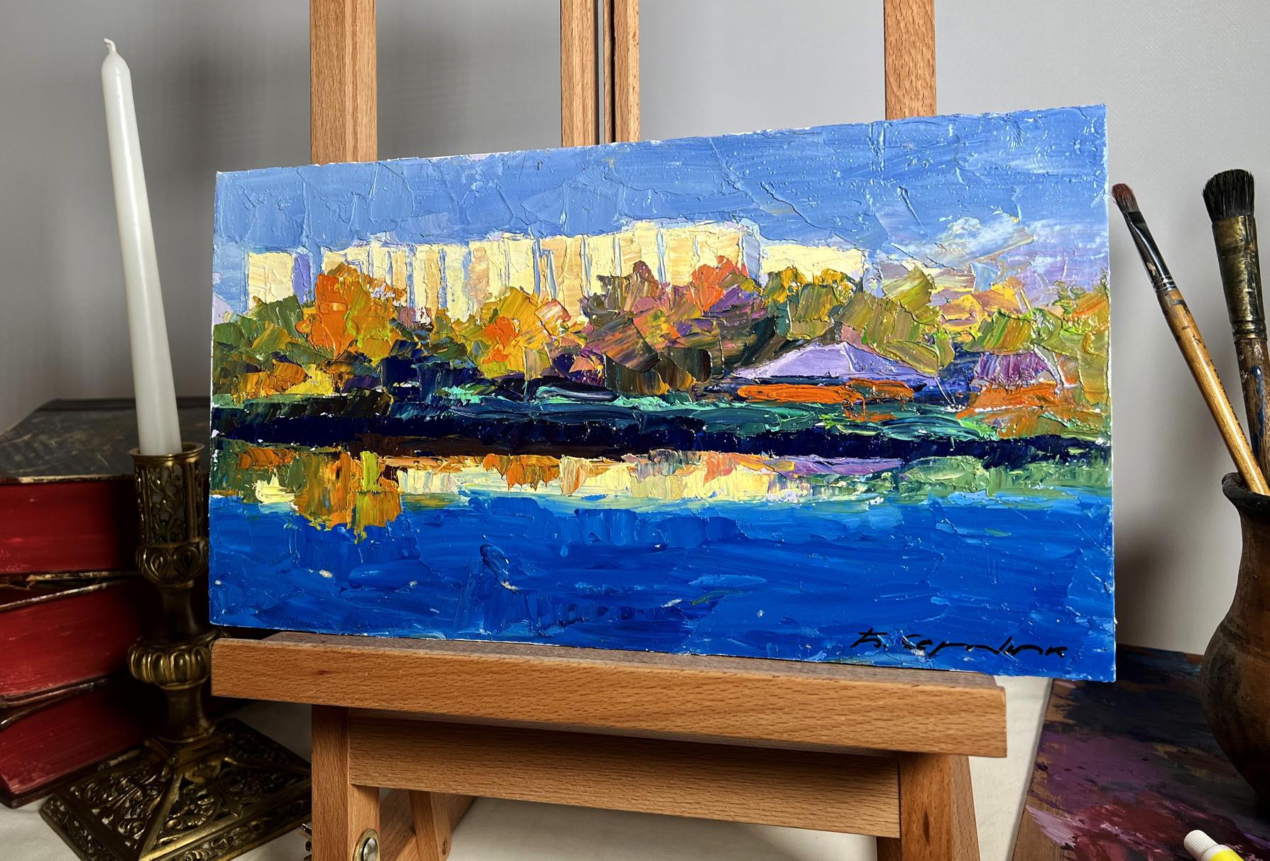 Vibrant impressionist oil painting by Boris Serdyuk overlooking city river