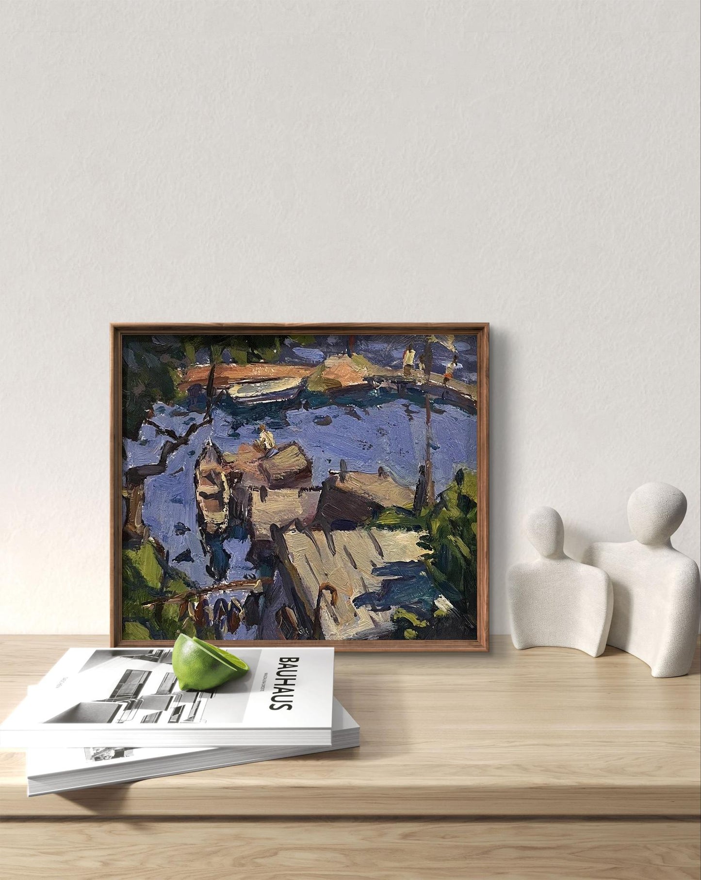 Framed impressionist oil painting City pier by Oleksandr Andreev