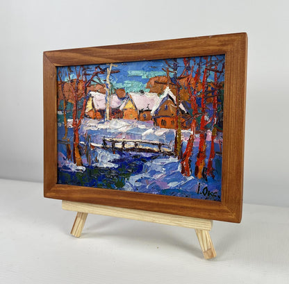 Oil painting Frosty breath of dawn by Oksana Ivanyuk snowy village scene