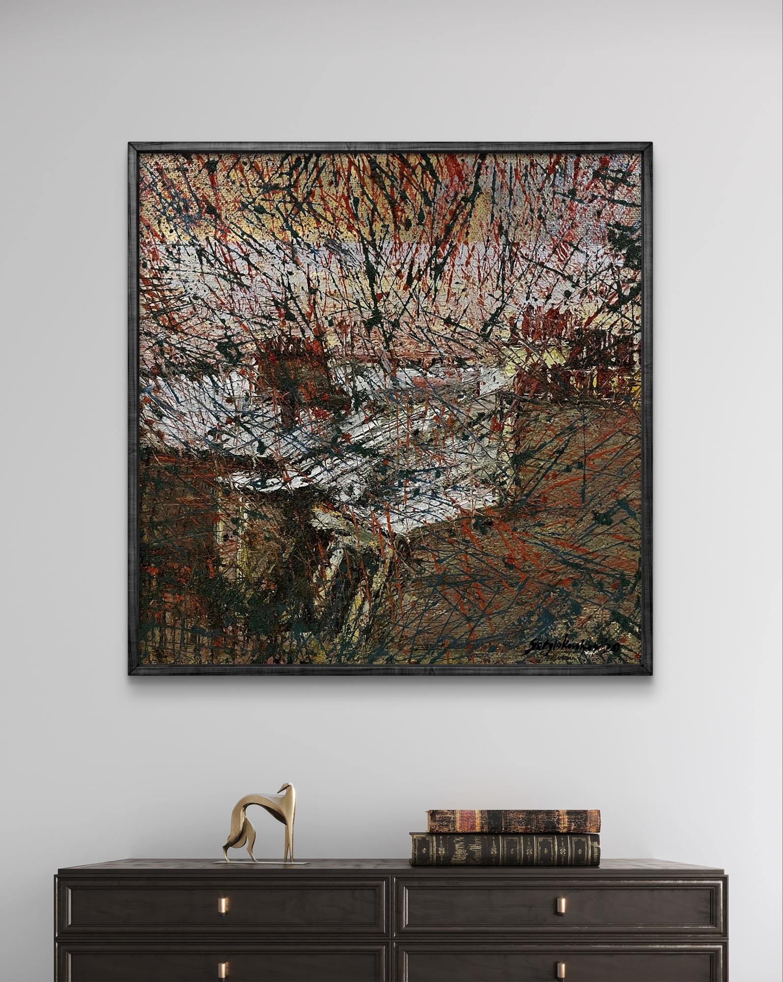 Shimmering in the City oil painting by Serhiy Kovalev, red black beige abstract