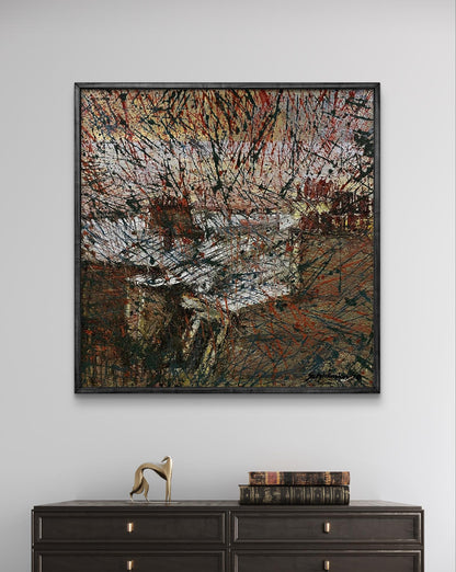 Shimmering in the City oil painting by Serhiy Kovalev, red black beige abstract