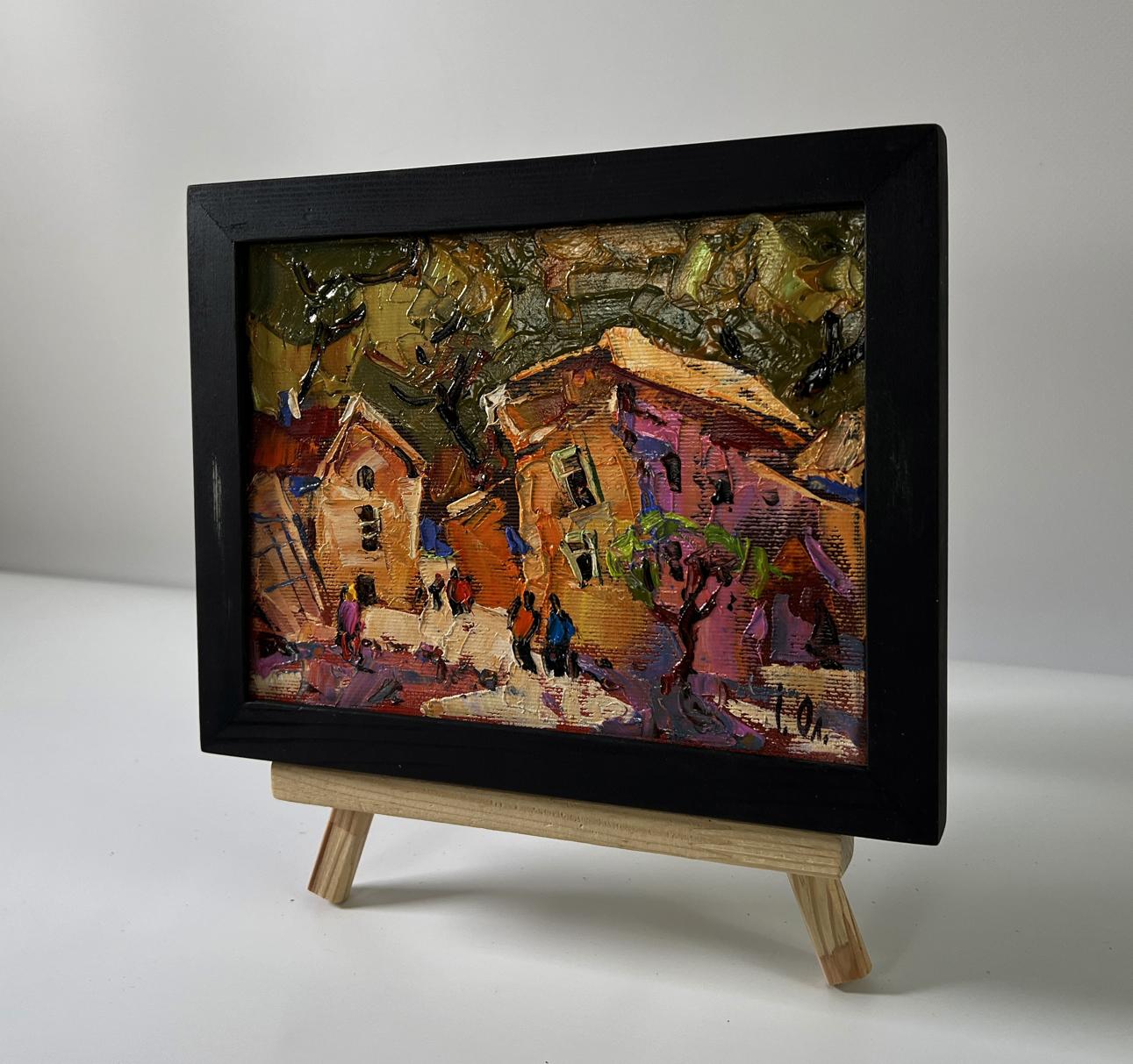 Vibrant oil painting Evening of a city street by Oleksiy Ivanyuk in black frame