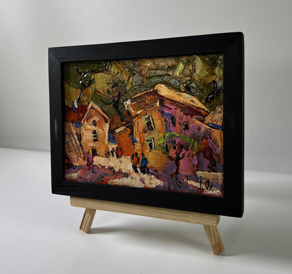 Vibrant oil painting Evening of a city street by Oleksiy Ivanyuk in black frame