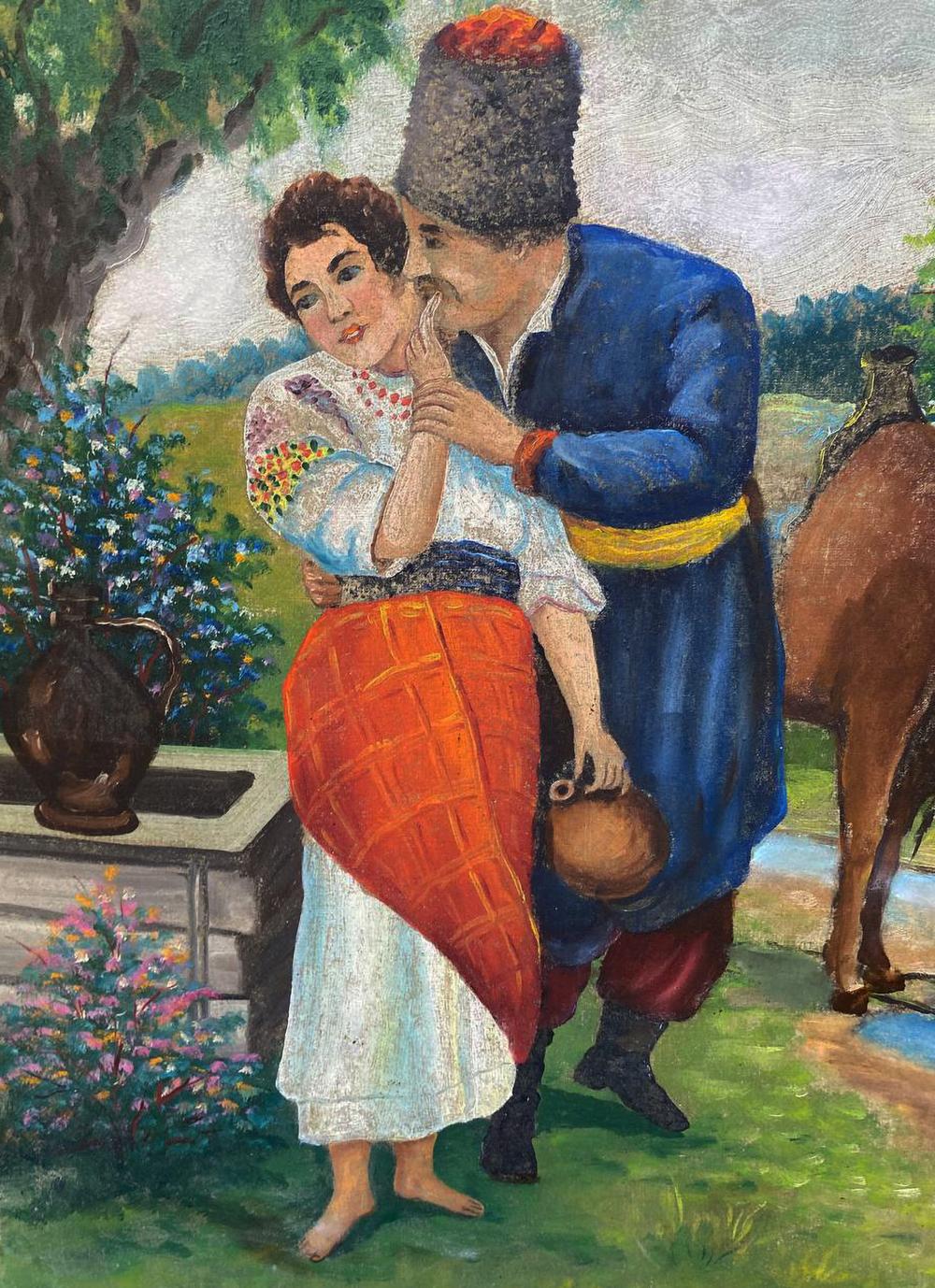 Vibrant oil painting Days at the Well: man in blue red attire embraces woman in white blouse orange skirt