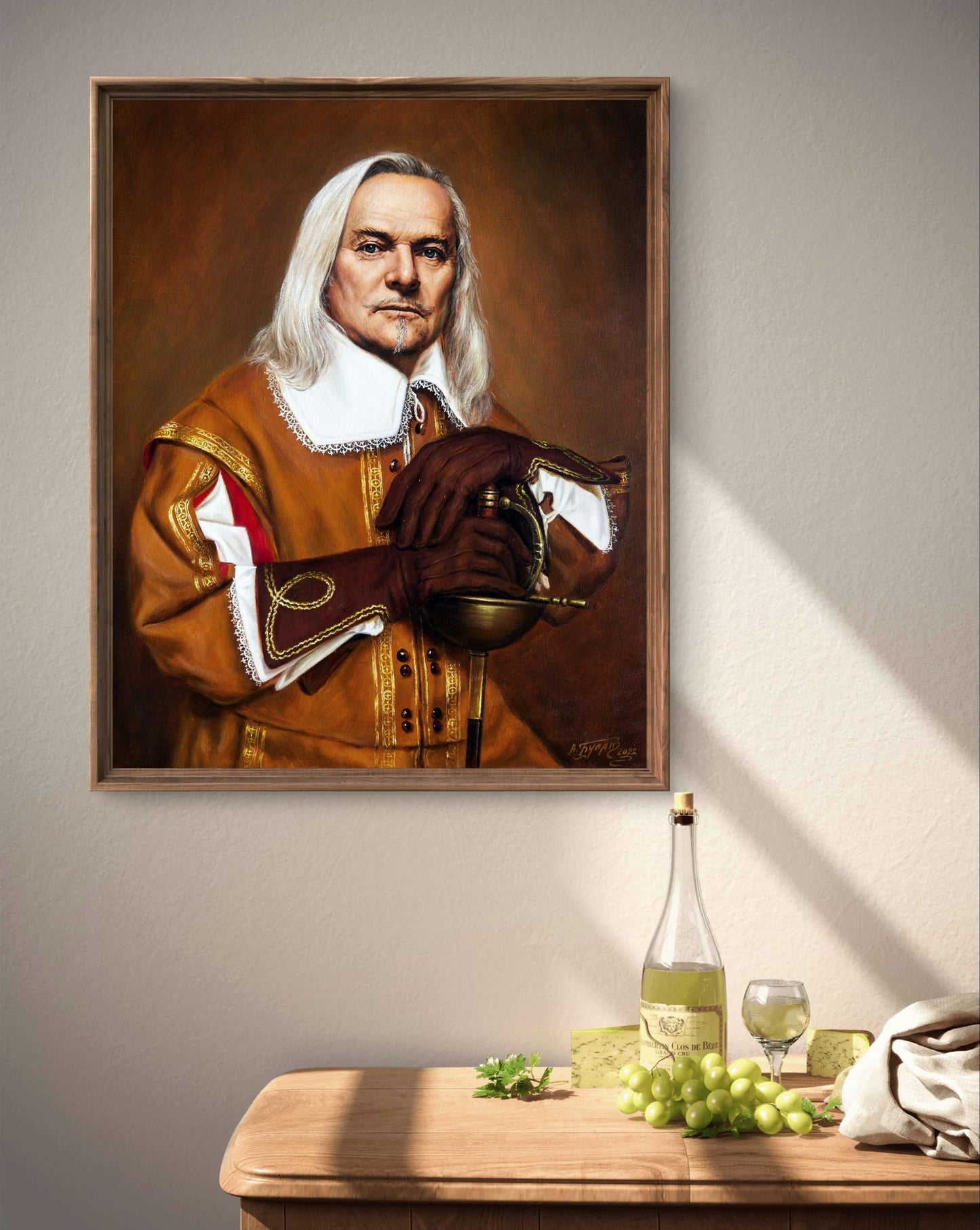 Framed portrait in Oil painting Many years later Valeriy Bulat, long white hair man in ornate doublet
