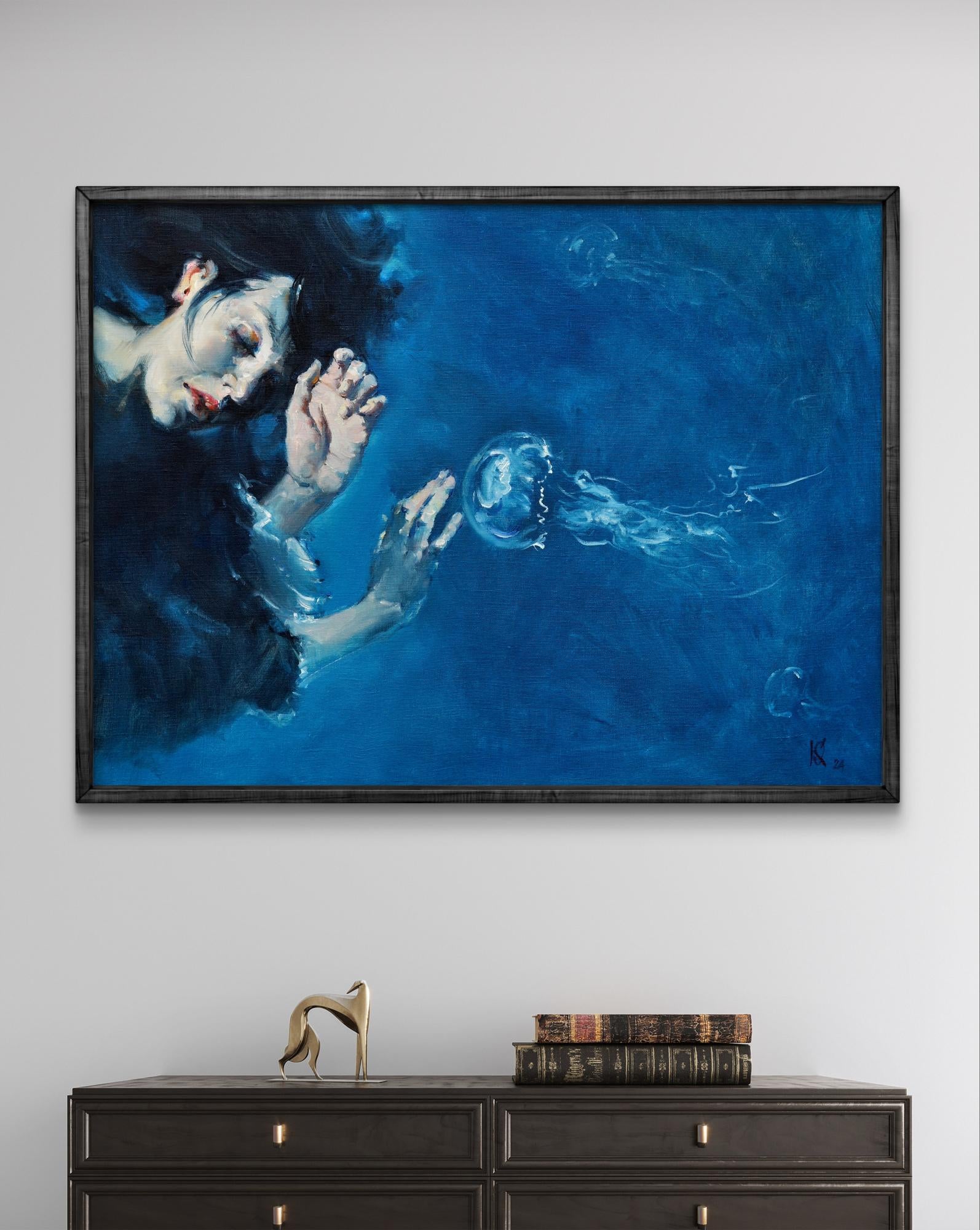 Oil painting Underwater touch by Oleg Kateryniuk in black frame