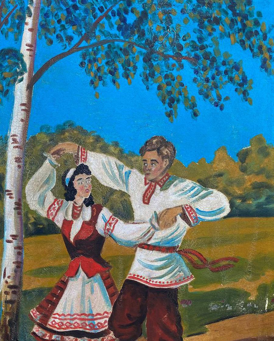 Oil painting of dancing young couple in folk attire under birch tree