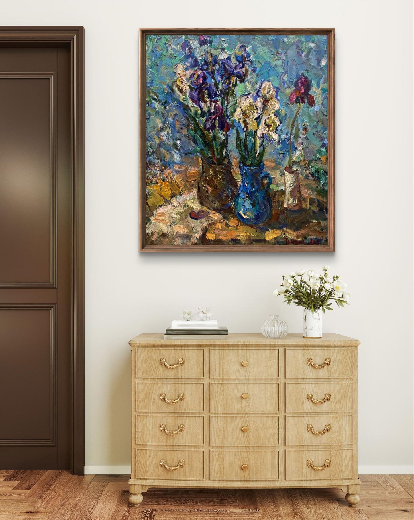 Vibrant oil painting of irises bouquet in blue purple vases by Oksana Ivanyuk