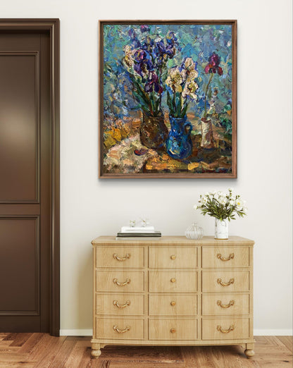 Vibrant oil painting of irises bouquet in blue purple vases by Oksana Ivanyuk